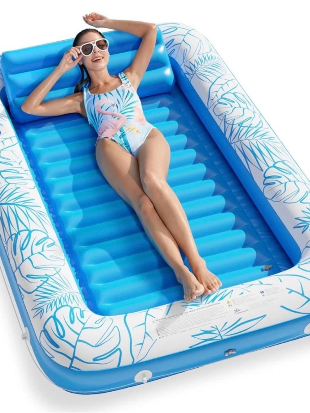 Blue Inflatable Pool Lounger with Tropical Leaf Print